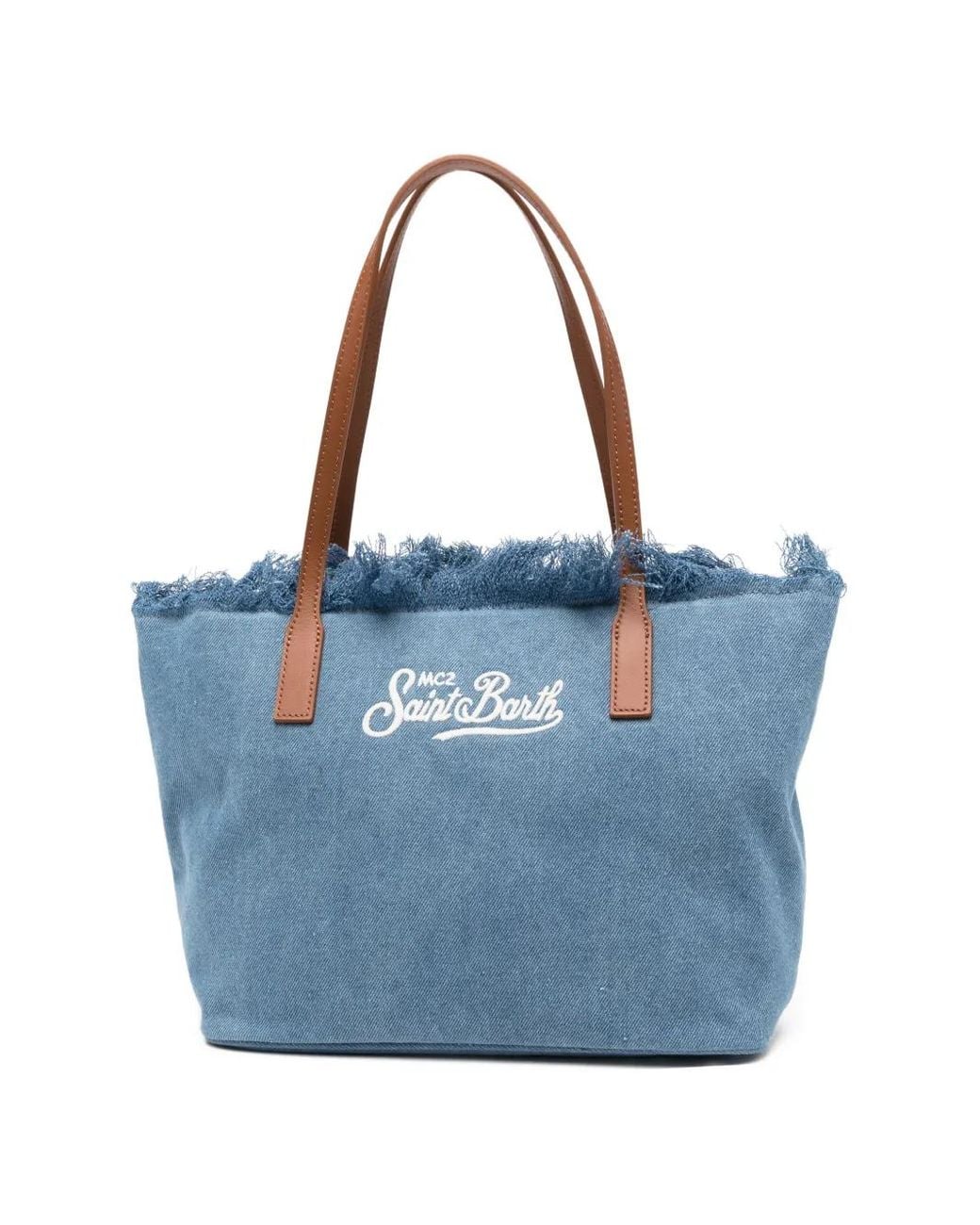 Mc2 Saint Barth Blue Medium City Canvas Shopper Bag With Fringes