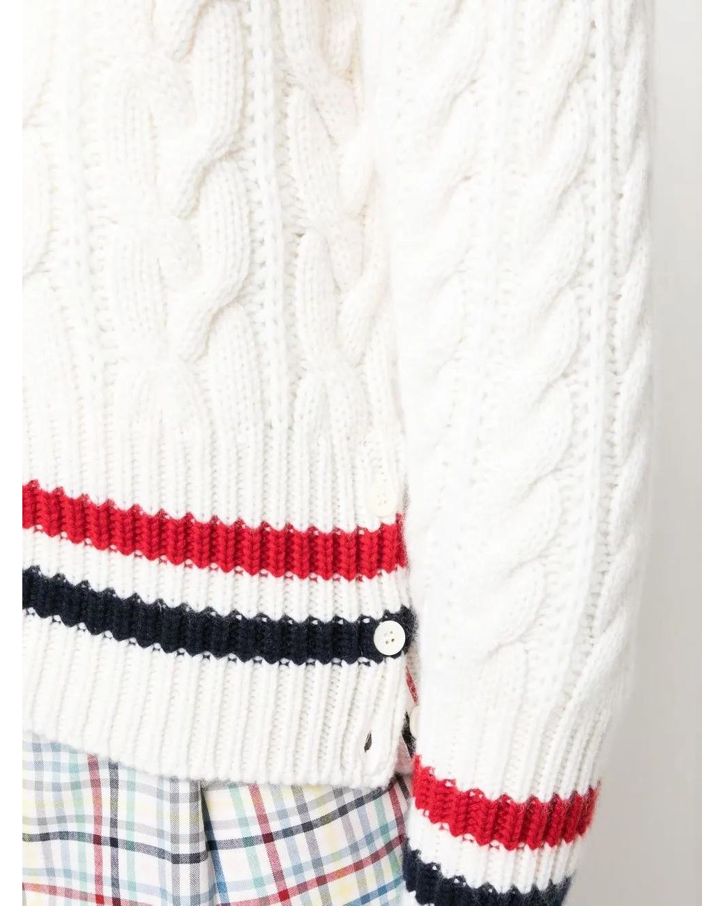 Thom Browne White Rwb Cable-Knit V-Neck Cardigan for men