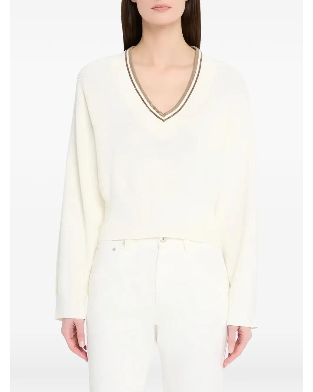 Brunello Cucinelli White Striped-Trim V-Neck Sweater