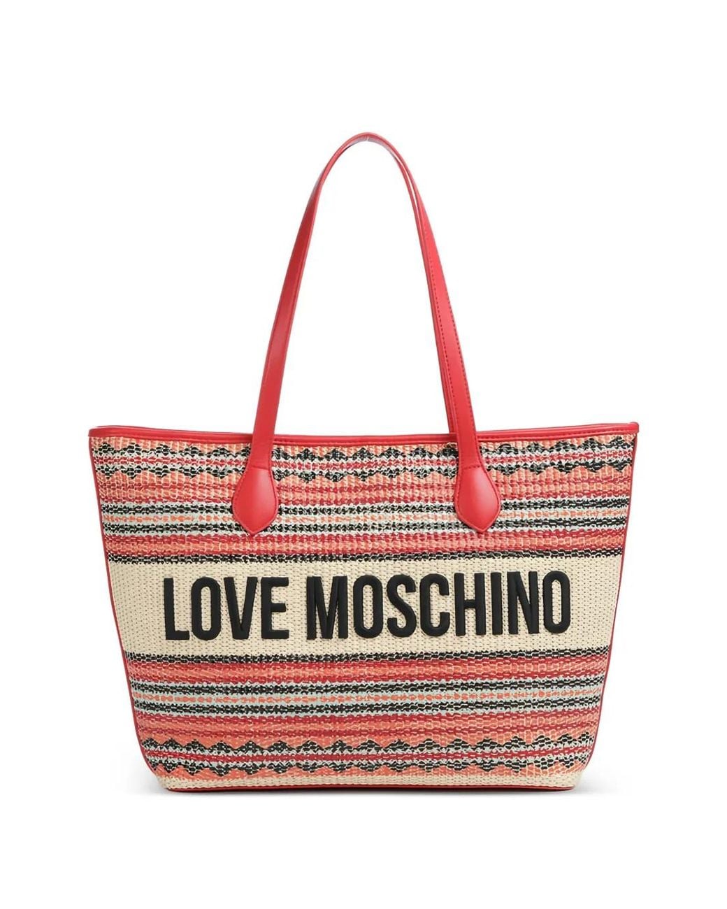 Love Moschino Red Striped Logo-Detail Tote Bag