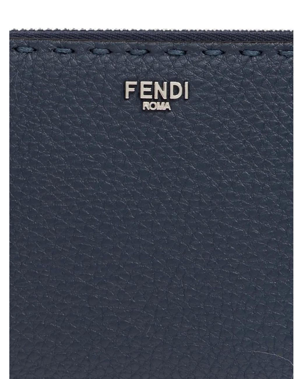 Fendi Blue Selleria Zip-Around Pebbled Wallet for men