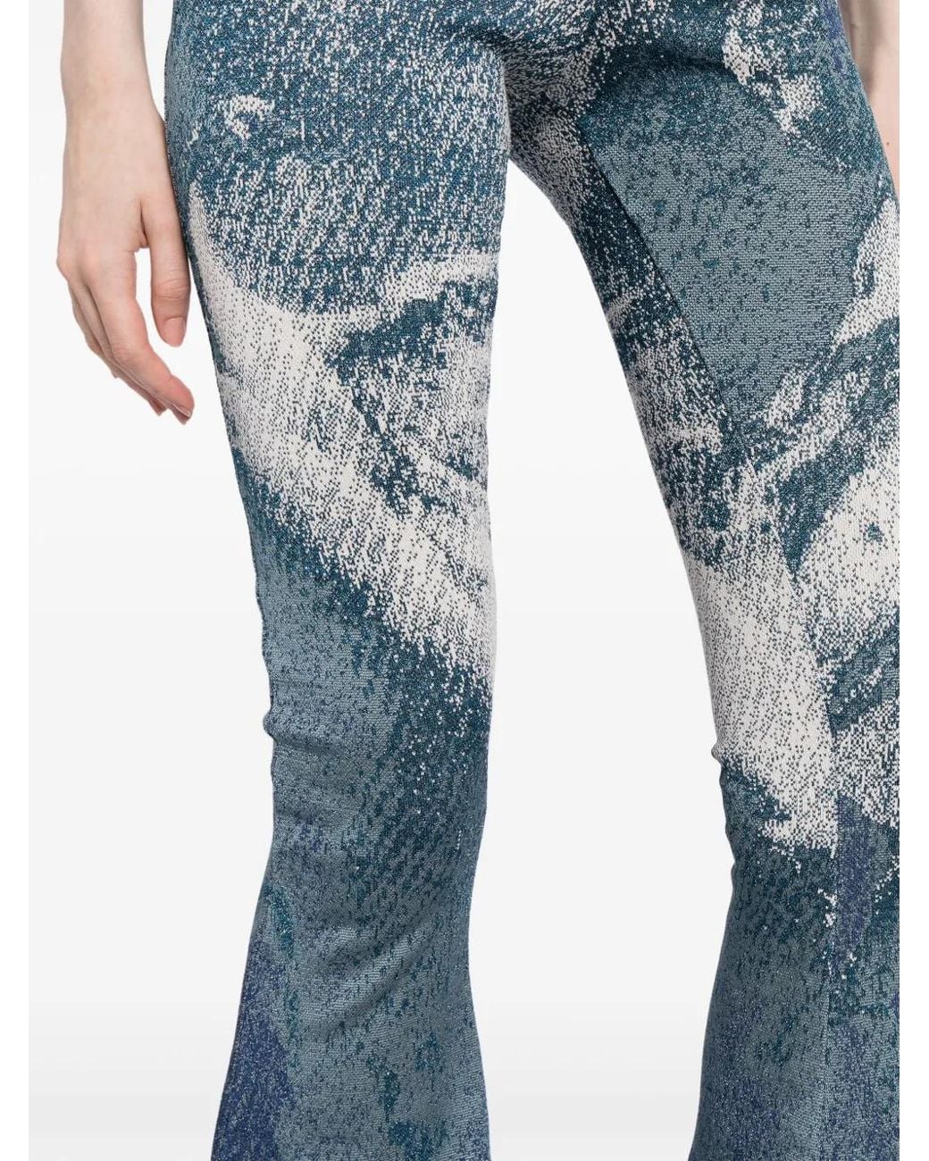 Roberto Cavalli Blue Patterned-Jacquard Glitter Flared Trousers