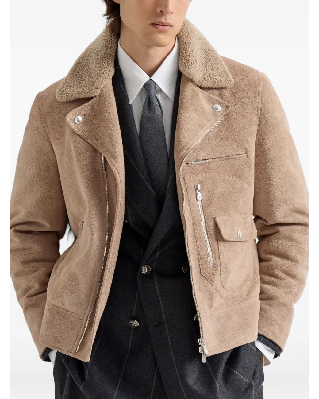 Brunello Cucinelli Natural Suede Biker Jacket With Thermore Padding And Detachable Shearling Collar for men