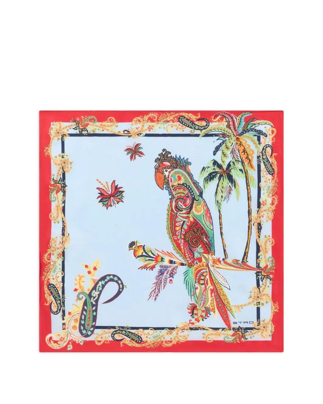 Etro Red Silk Pocket Square With Parrot And Paisley Print for men