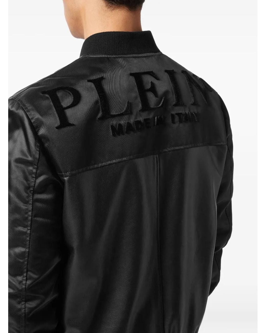 Philipp Plein Black Leather Bomber With Nylon Sleeves for men