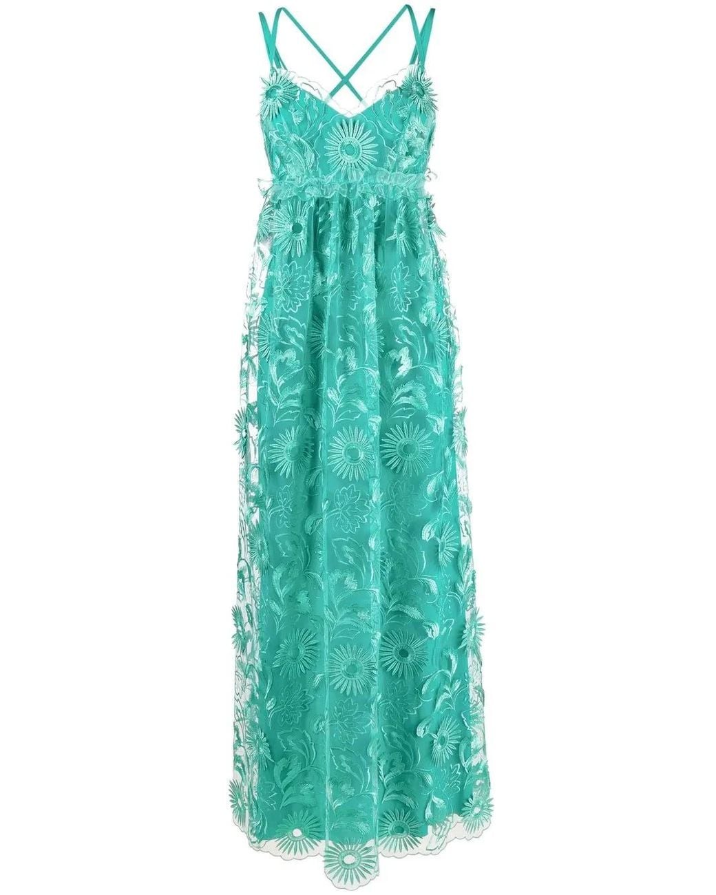 Alberta Ferretti Green Embroidered Tulle Maxi Dress