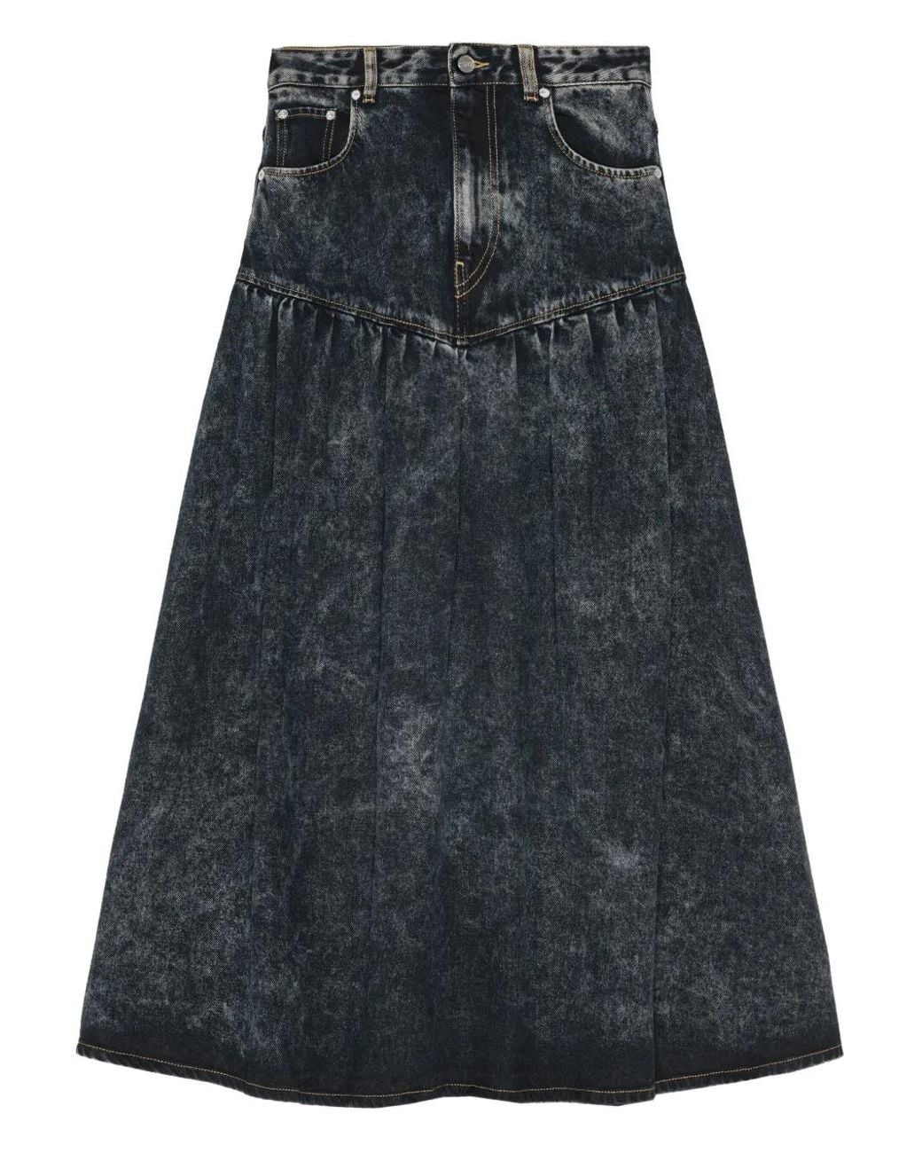 Ganni Black Gathered-Detail Denim Skirt