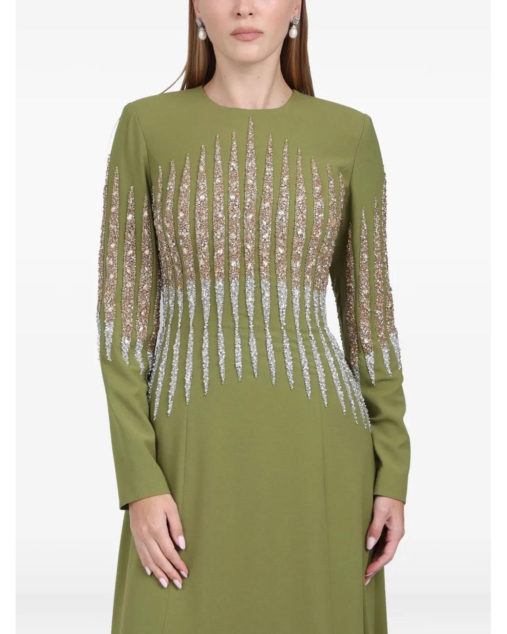 Dina Melwani Green Crystal-Embellished Maxi Dress