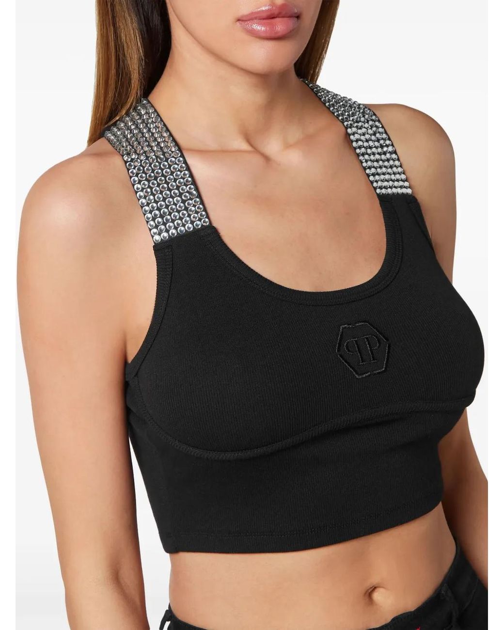 Philipp Plein Black Crystal-Embellished Cotton Cropped Top