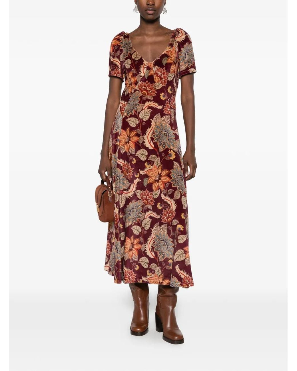 Farm Rio White Delhi Floral-Print Velvet Midi Dress