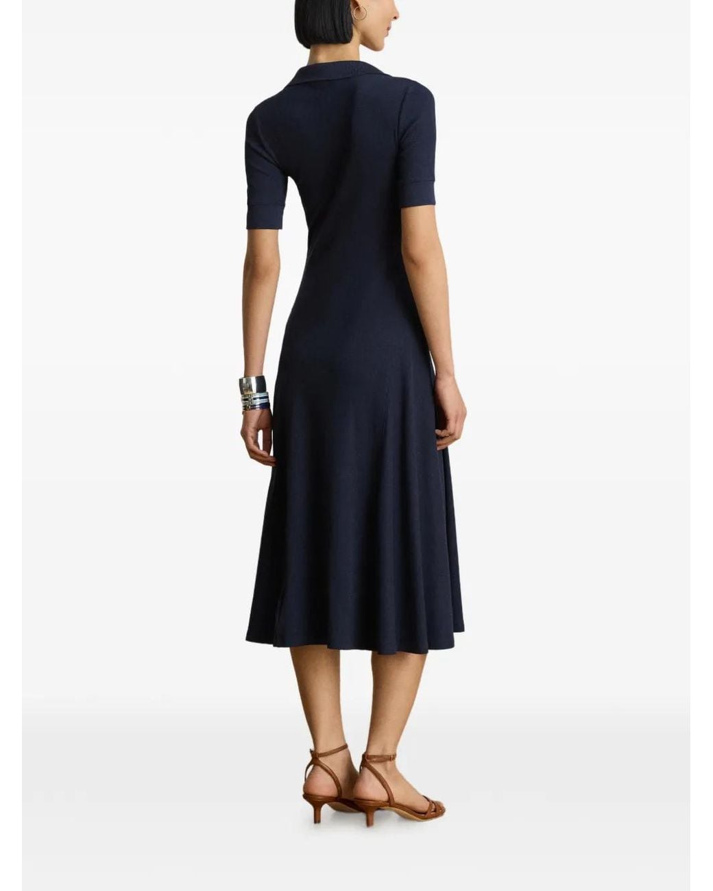 Ralph Lauren Blue Robe Mi-Longue En Maille Nervurée