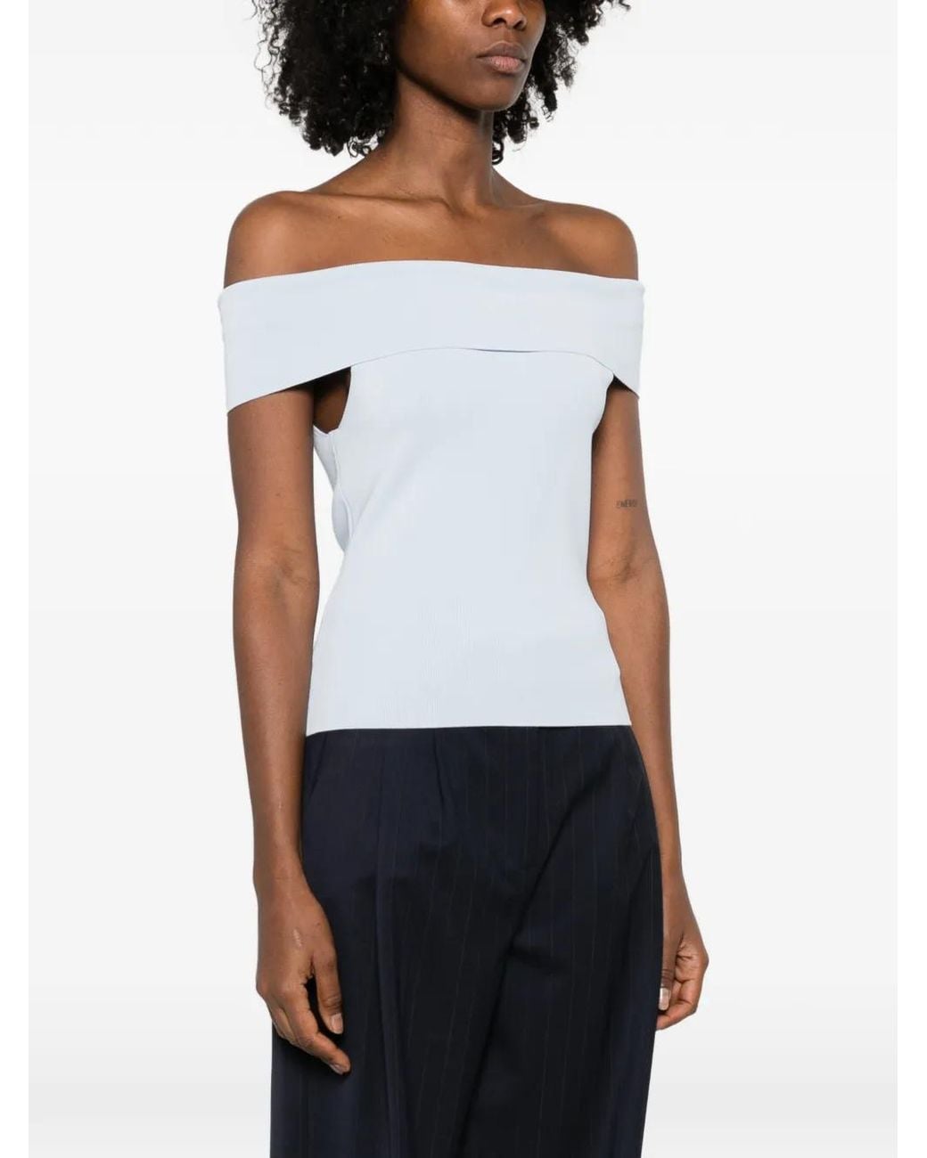 Maje White Bardot Rib Knit Top