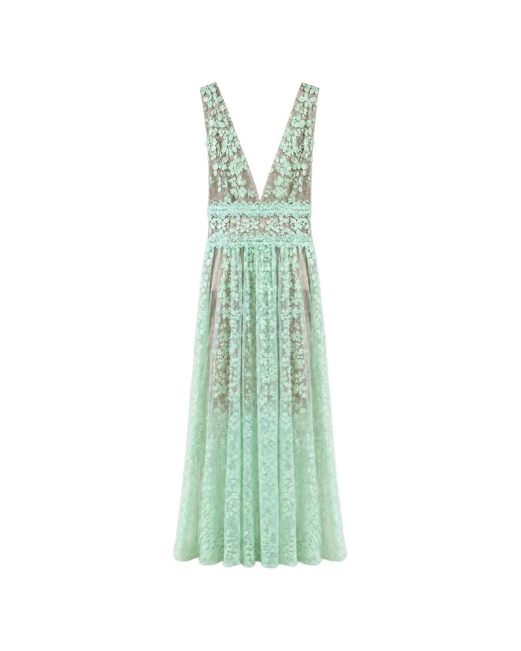 Bronx and Banco Green Floral-Lace Sleeveless Maxi Dress