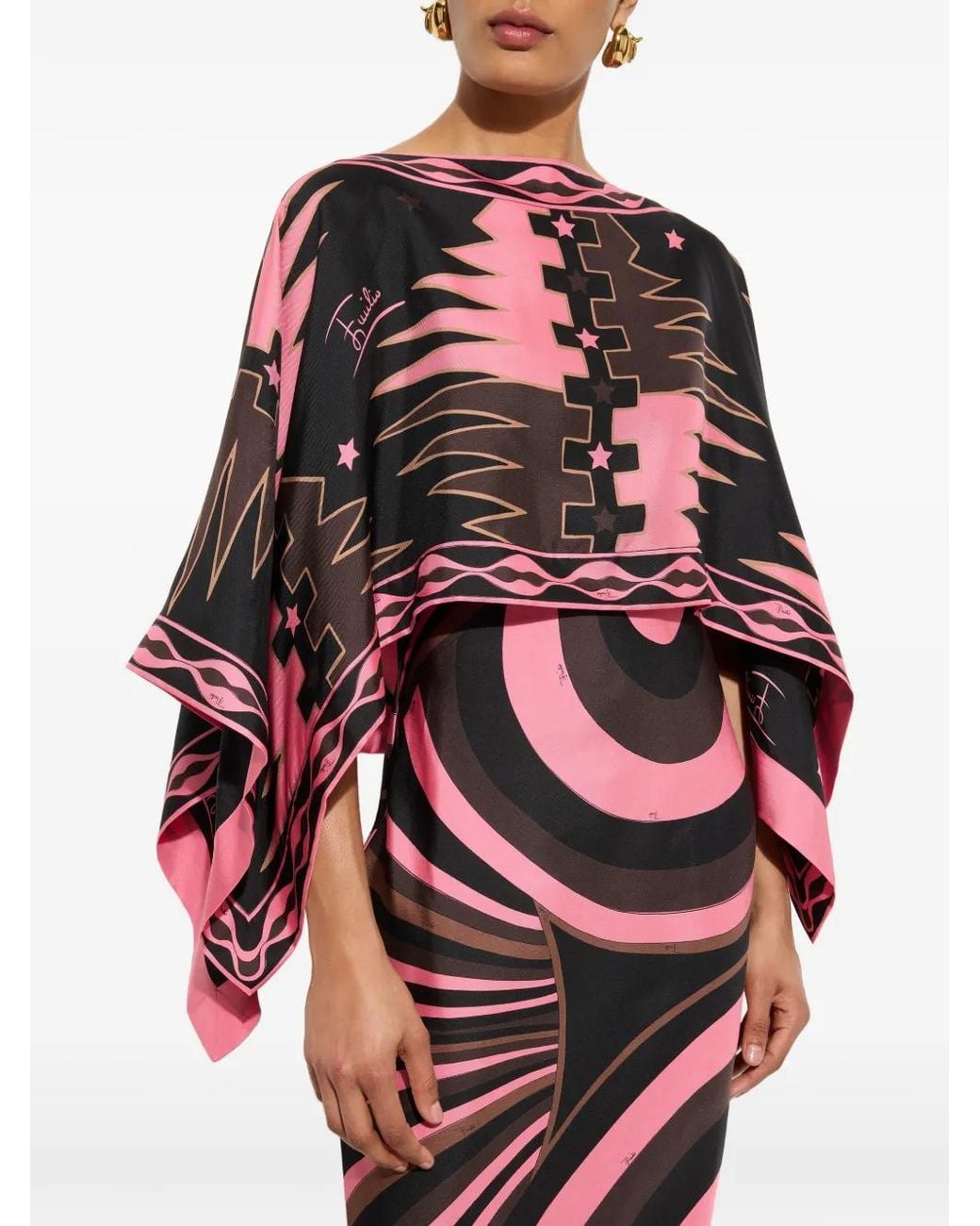 Emilio Pucci Red Iride-Print Silk Dress With Cape