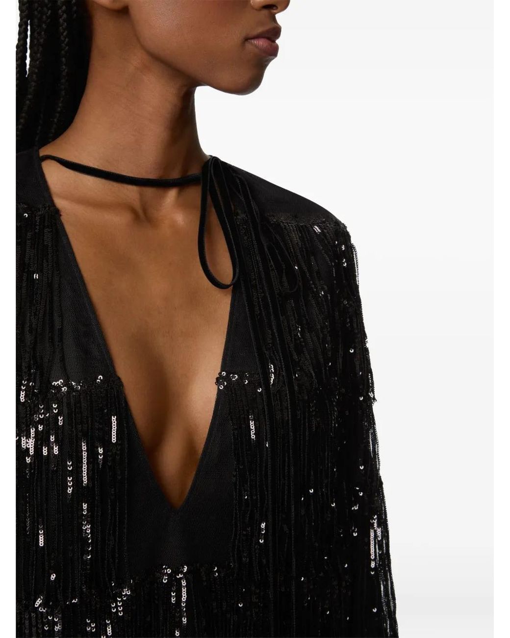 Nina Ricci Black Sequin-Embellished Fringed Mini Dress