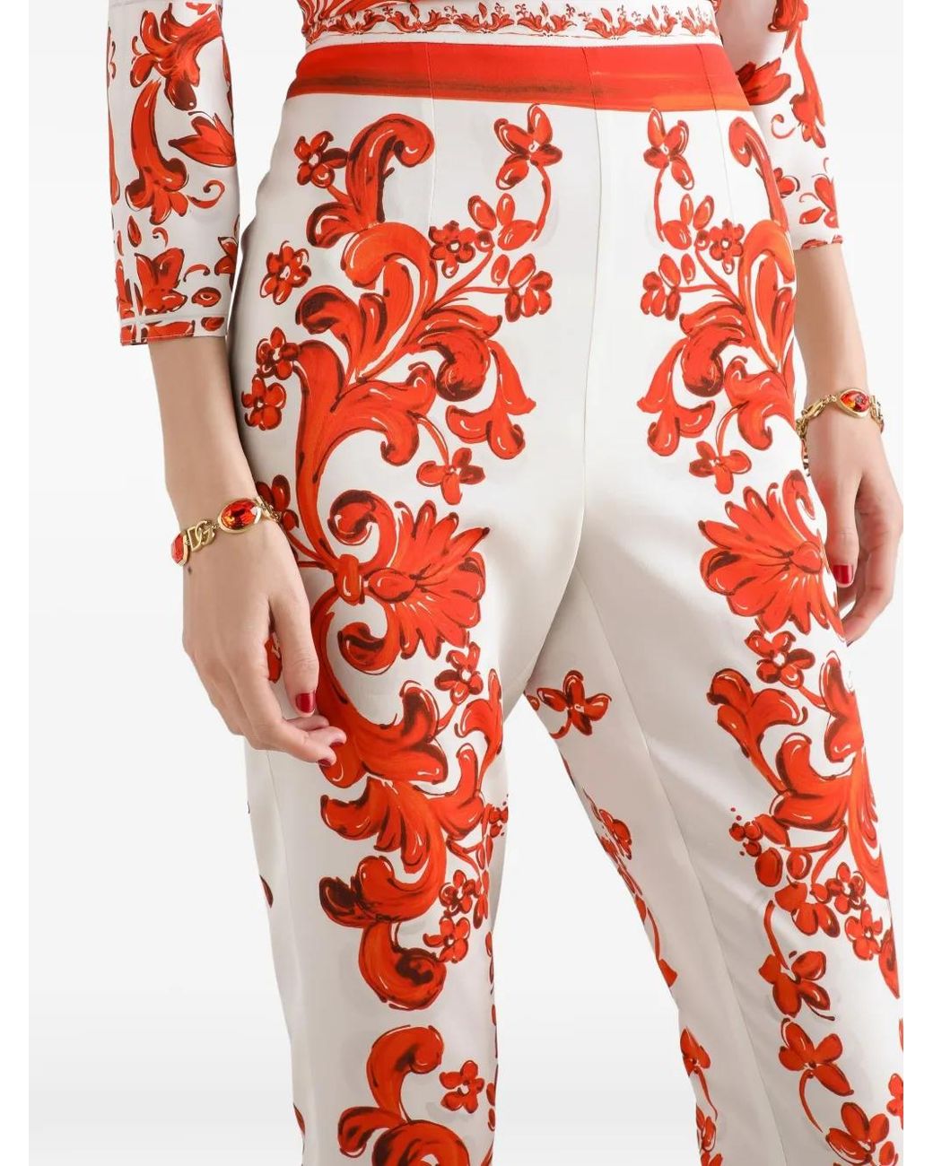 Dolce & Gabbana Red Majolica-Print Charmeuse Leggings