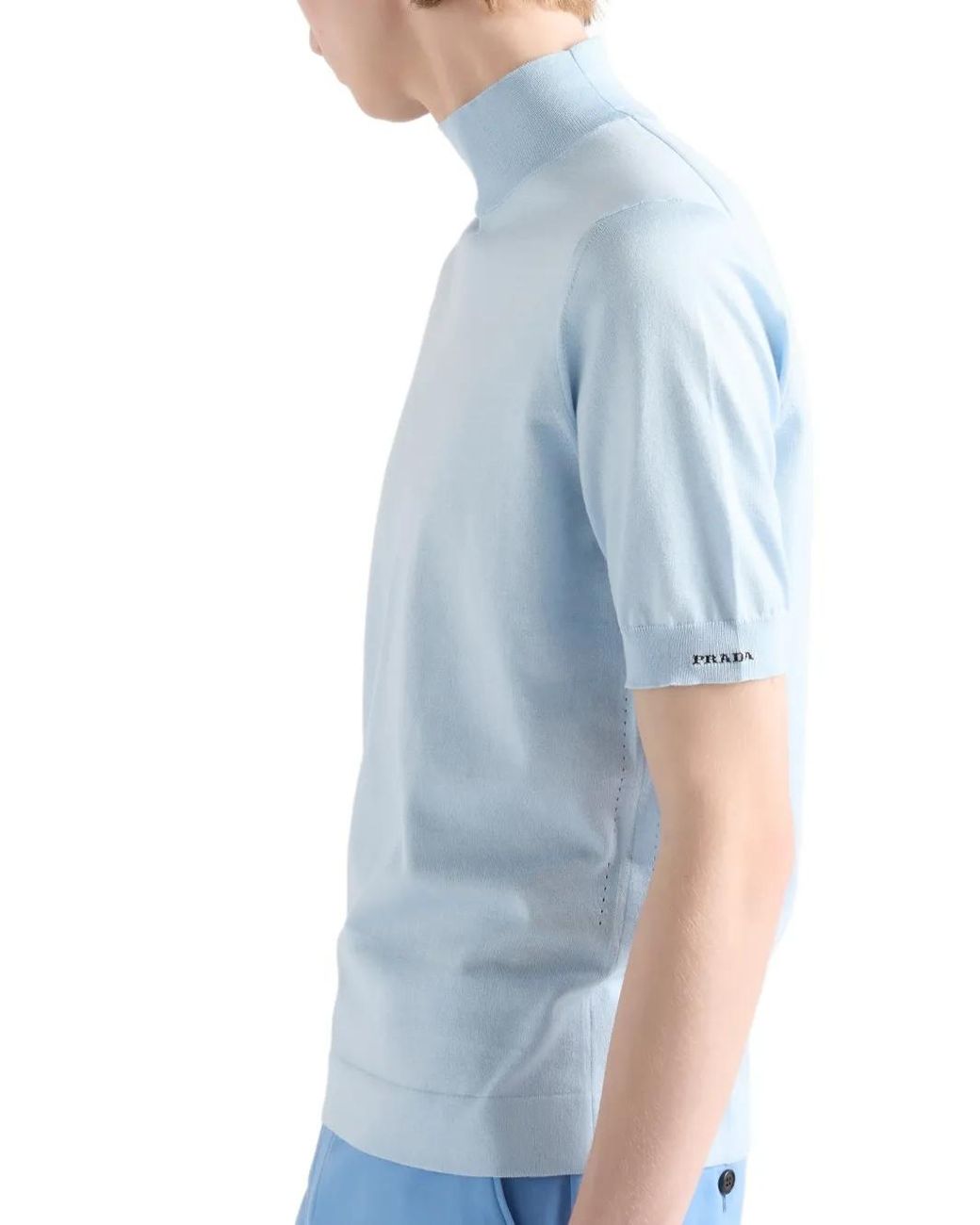 Prada Blue Ribbed-Knit Mock-Neck T-Shirt for men