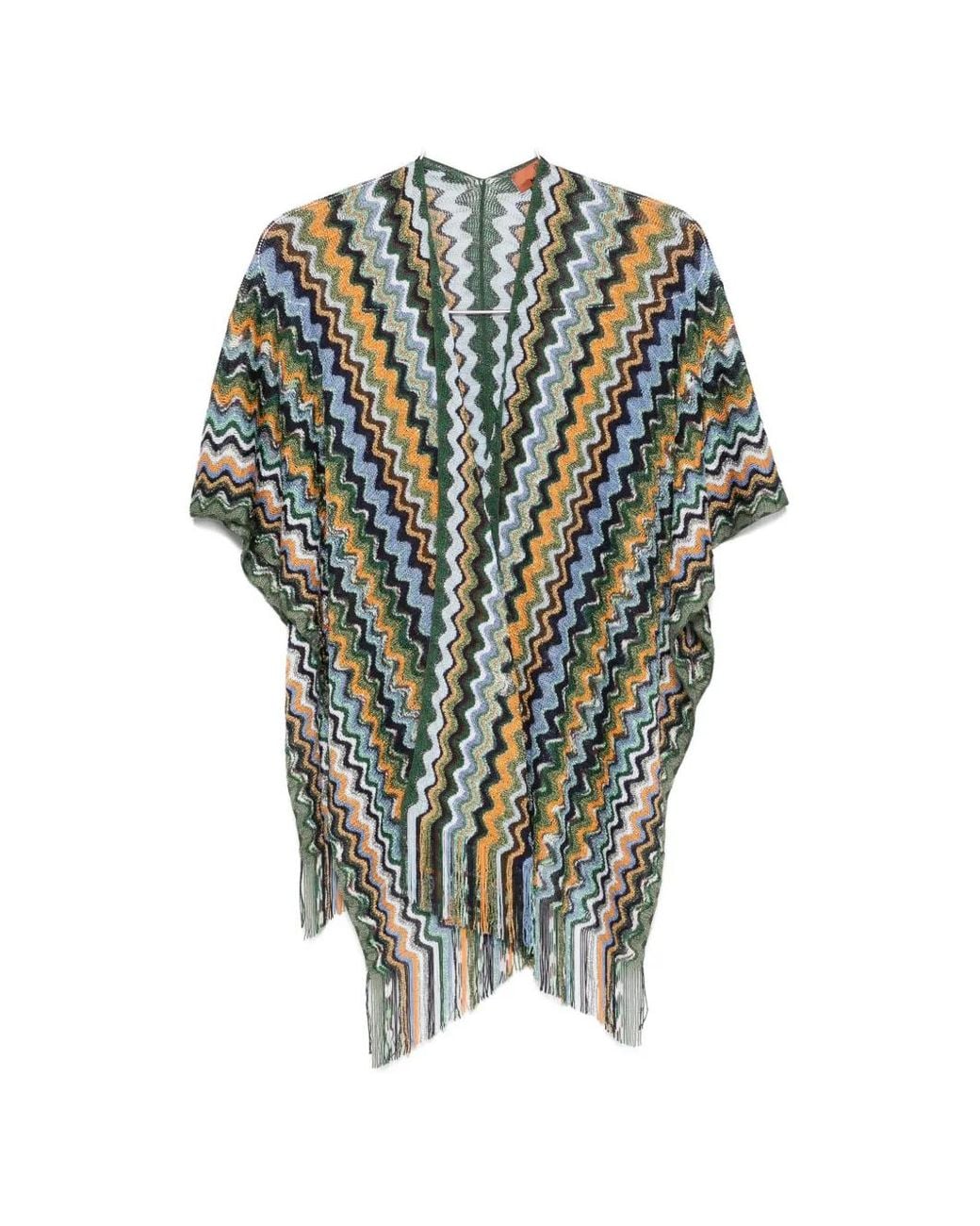 Missoni Green Zigzag-Knit Fringed Poncho