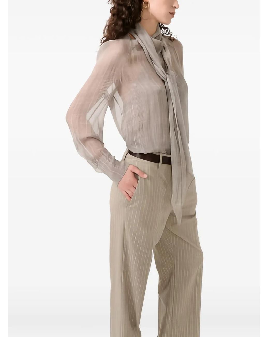 Barbara Bui Gray Tie-Neck Checked Blouse