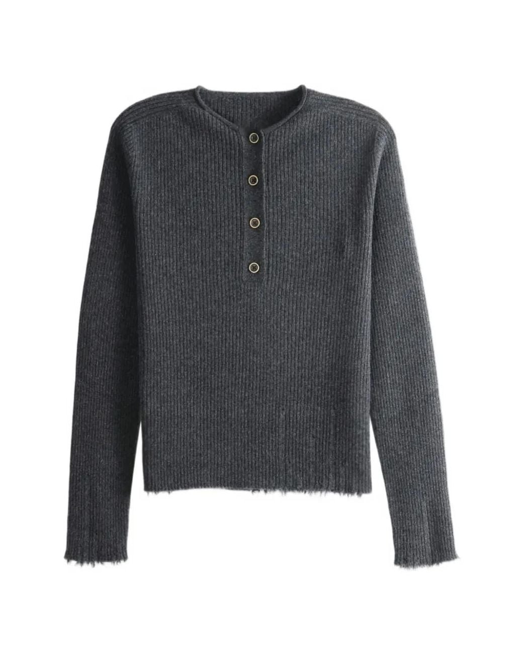 Uma Wang Gray Ribbed-Knit Distressed Sweater