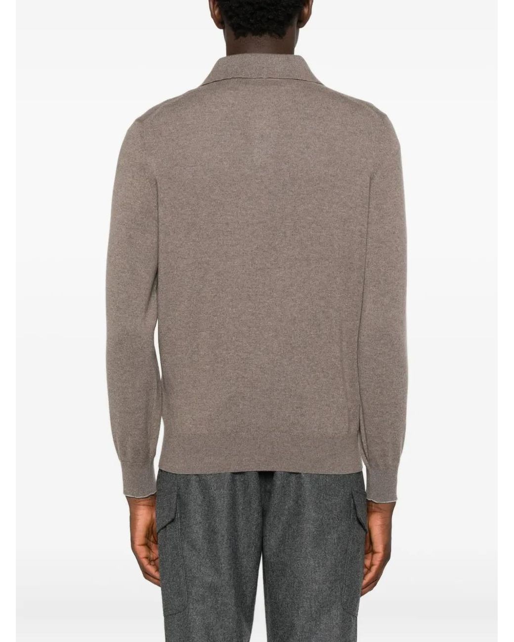 Brunello Cucinelli Brown V-Neck Long-Sleeve Polo Sweater for men