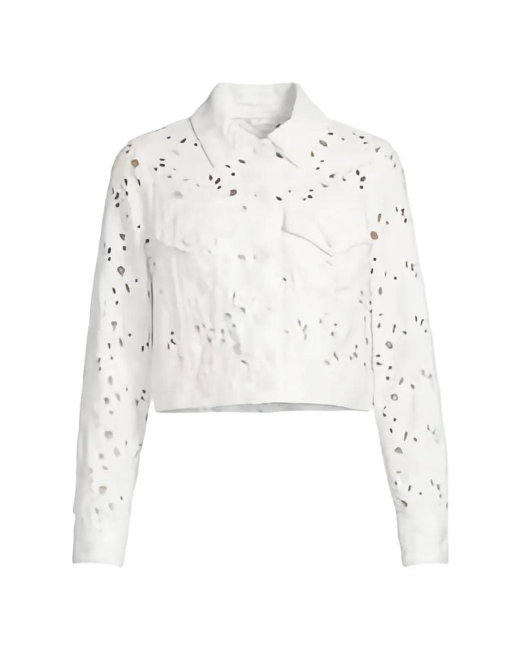 Alice + Olivia White Chloe Laser-Cut Classic-Collar Denim Jacket