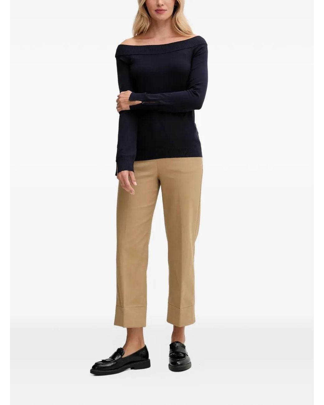 Benetton Blue Off-Shoulder Button-Cuff Sweater
