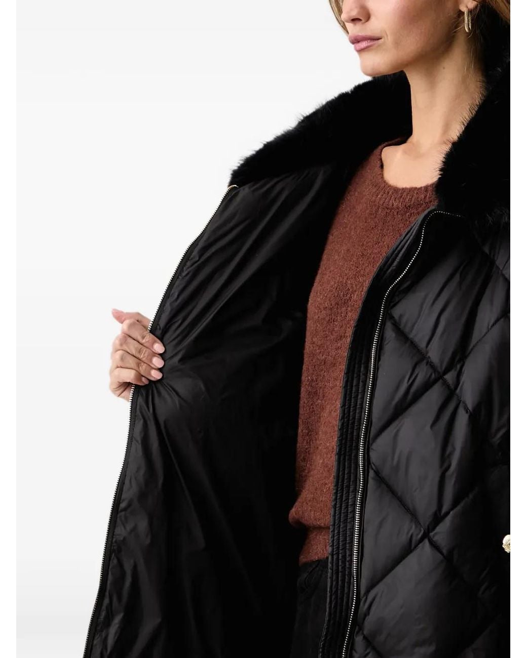 Fracomina Black Diamond-Quilted Faux-Fur-Collar Jacket