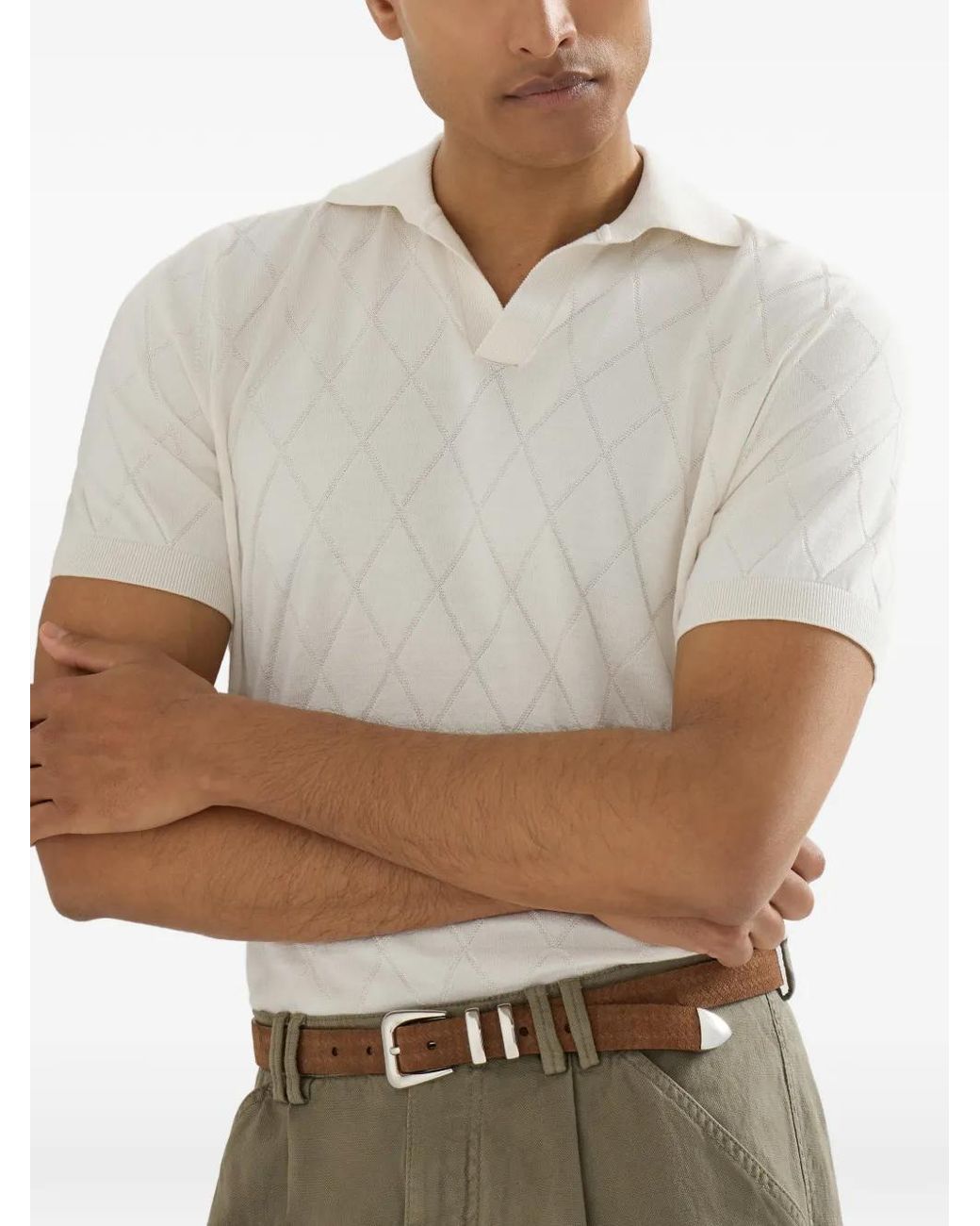 Brunello Cucinelli White Lightweight Knit Polo for men