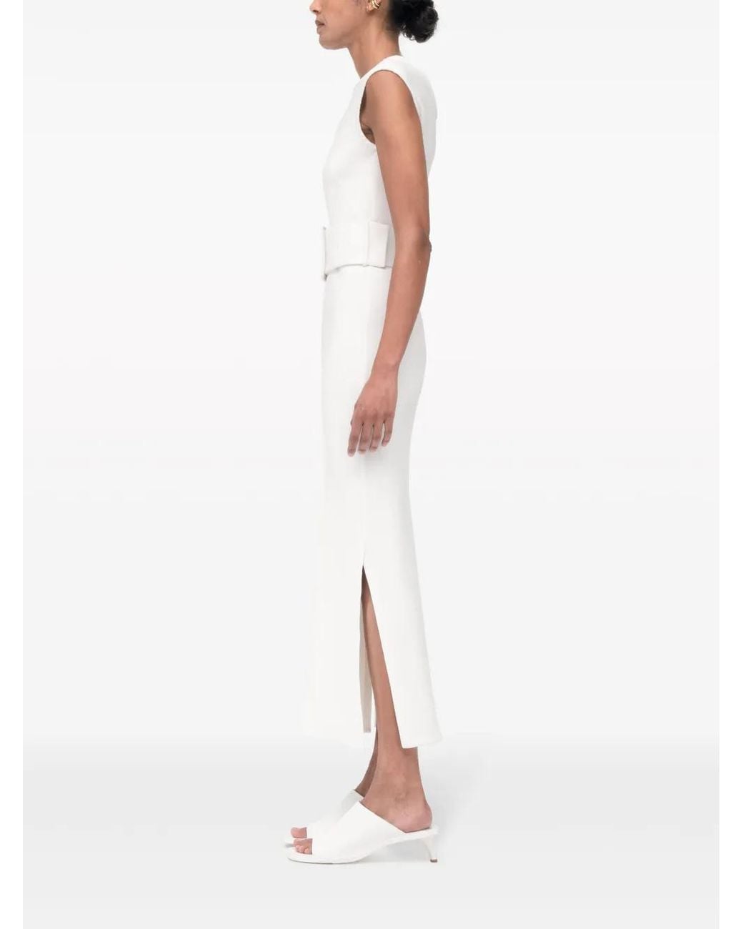 Another Tomorrow White Belted Bias-Cut Midi Dress