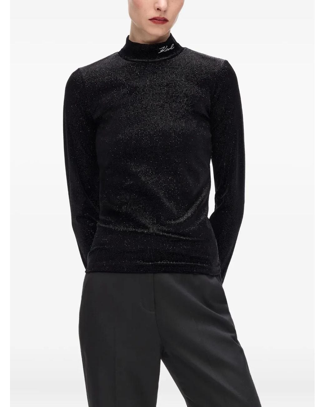 Karl Lagerfeld Black Sparkle Velvet High-Neck Top
