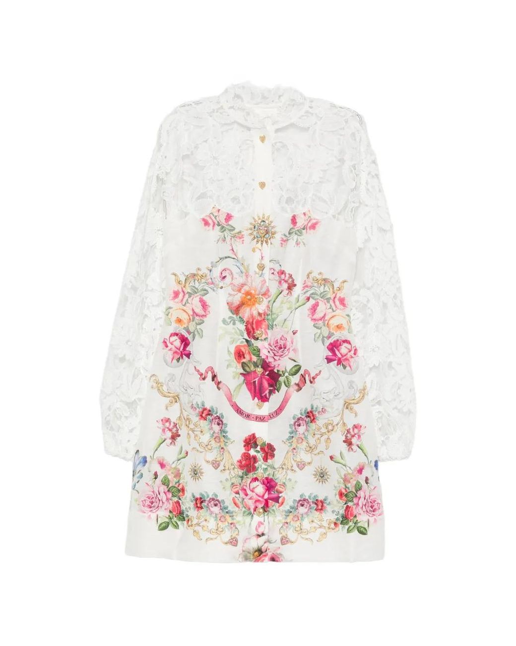 Camilla White Lace-Panelled Floral-Print Mini Dress