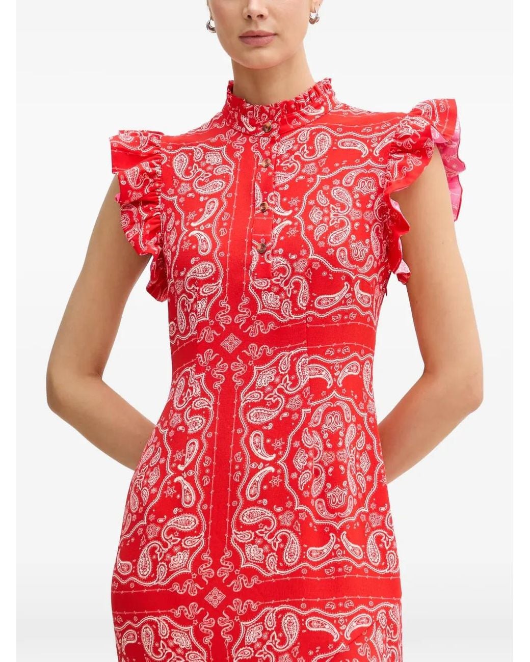Never Fully Dressed Red Paisley-Print Ruffled Midi Dress