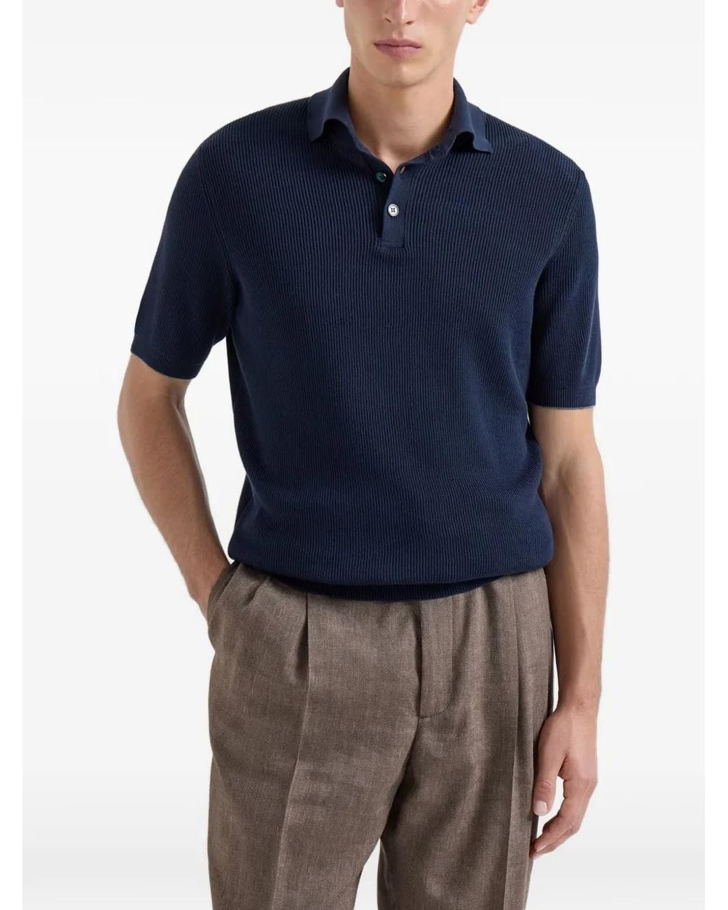 Brunello Cucinelli Blue Ribbed-Knit Polo Shirt for men