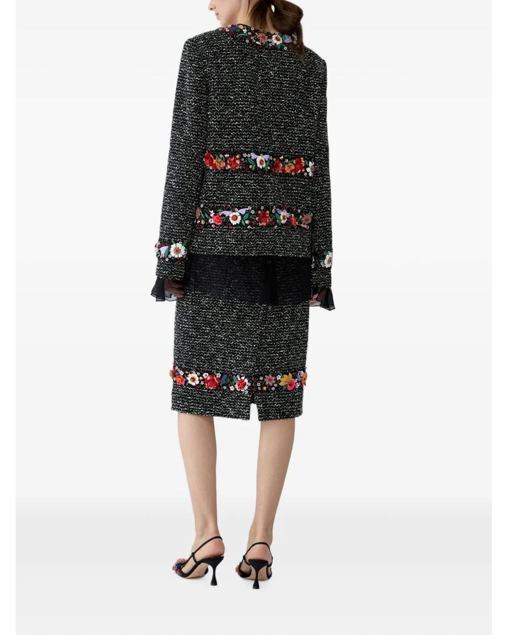 Carolina Herrera Black Floral-Embroidered Tweed Midi Skirt