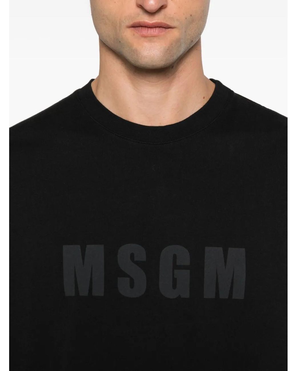 MSGM Black Cotton T-Shirt With Front Printed Logo for men
