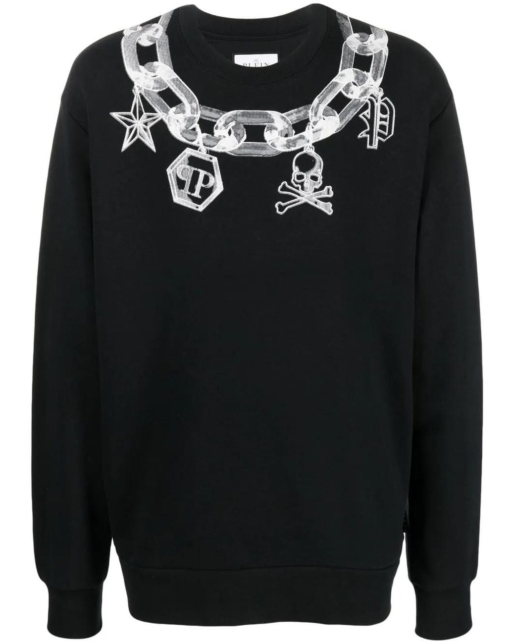 Philipp Plein Black Chain Link-Print Crew Neck Sweater for men