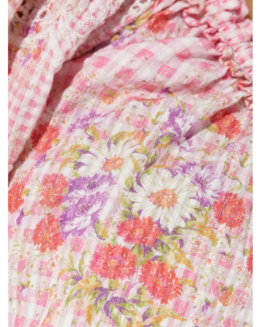 LoveShackFancy Red Checked-Pattern Flower-Embellishment Blouse