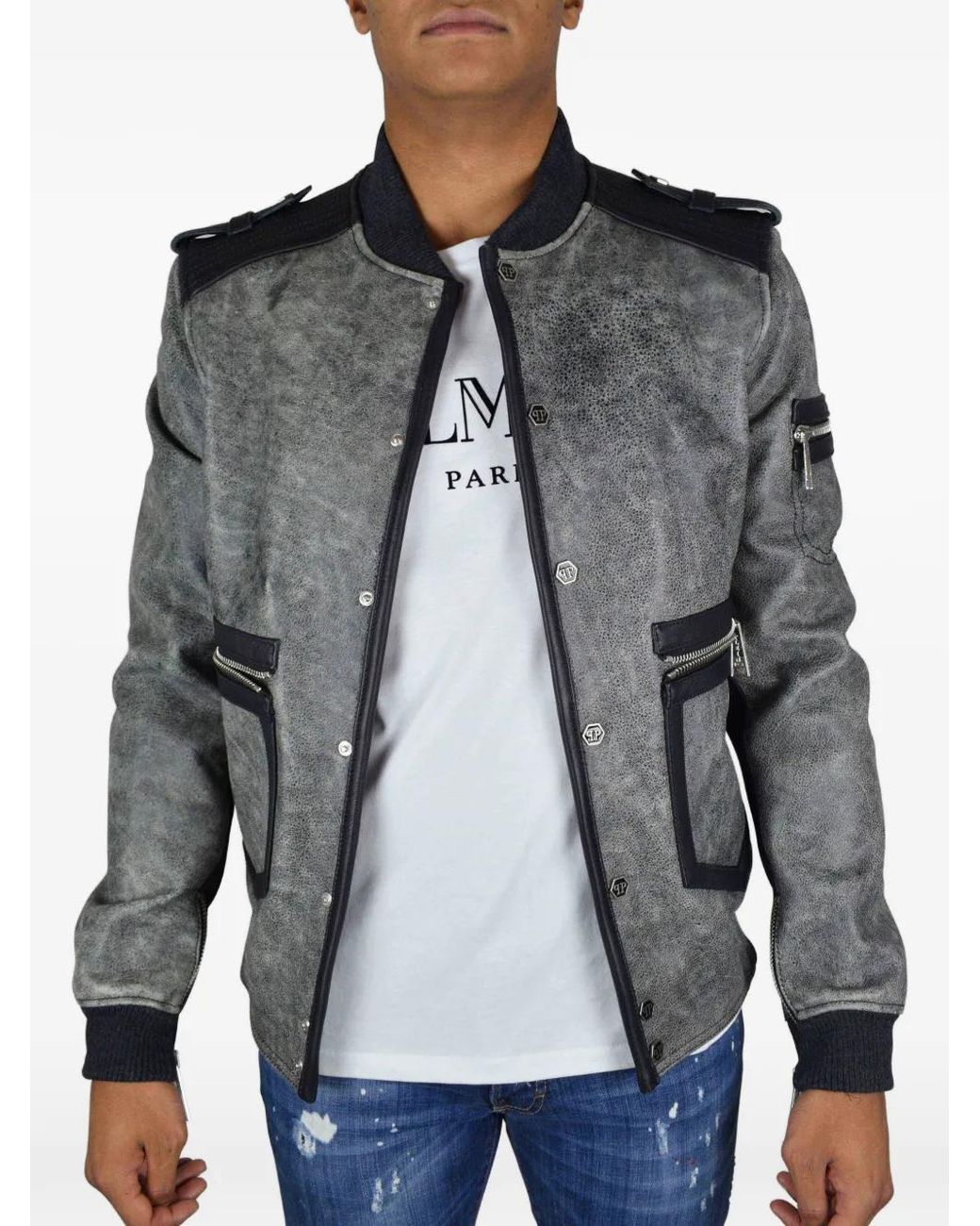 Philipp Plein Gray Logo Button Leather Jacket for men