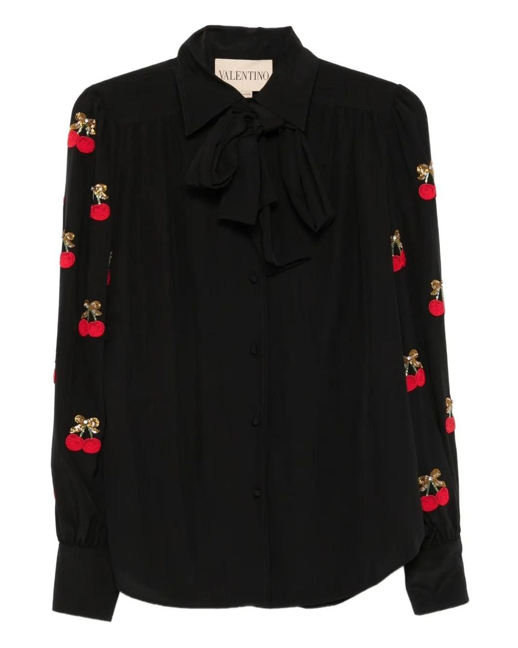 Valentino Garavani Black Cherry-Embellished Bow Blouse