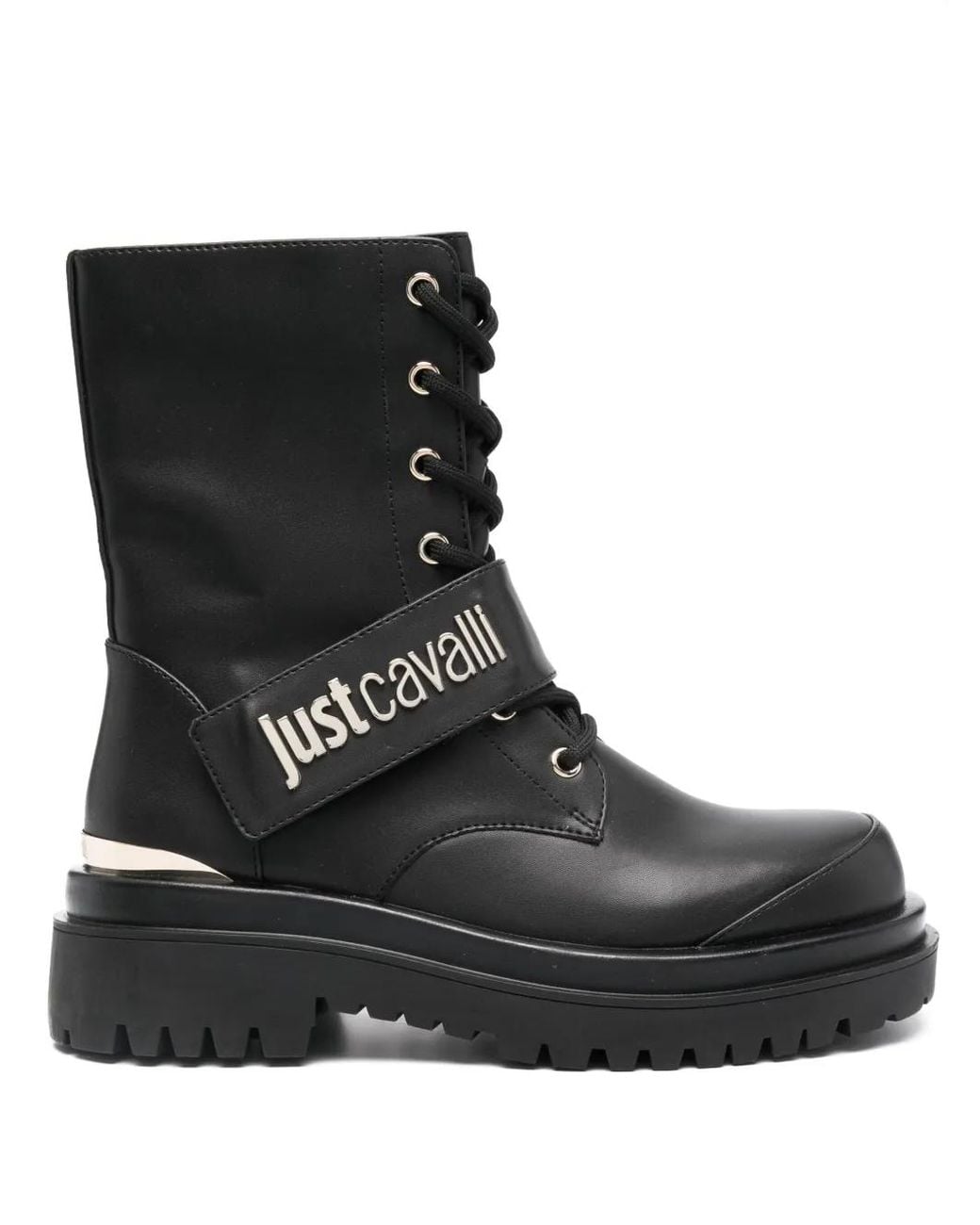 Just Cavalli Black Logo-Plaque Combat Boots