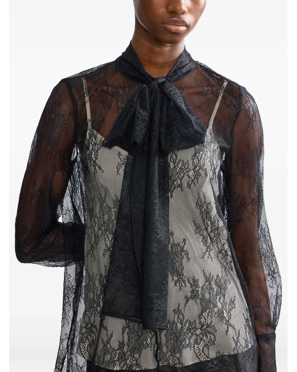 Erdem Gray Floral-Lace Pussy-Bow Shirt