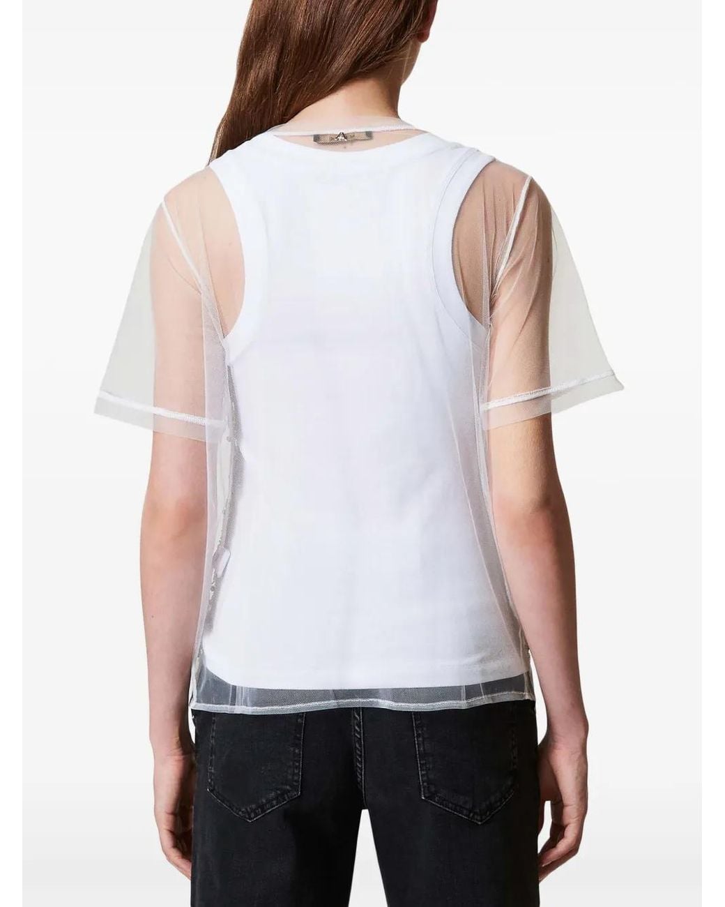 Twinset White Embroidered Tulle T-Shirt