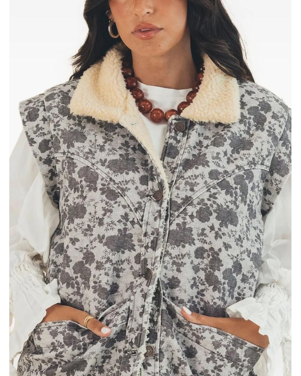 Favorite People Gray Golden Hour Floral-Print Sherpa-Collar Gilets