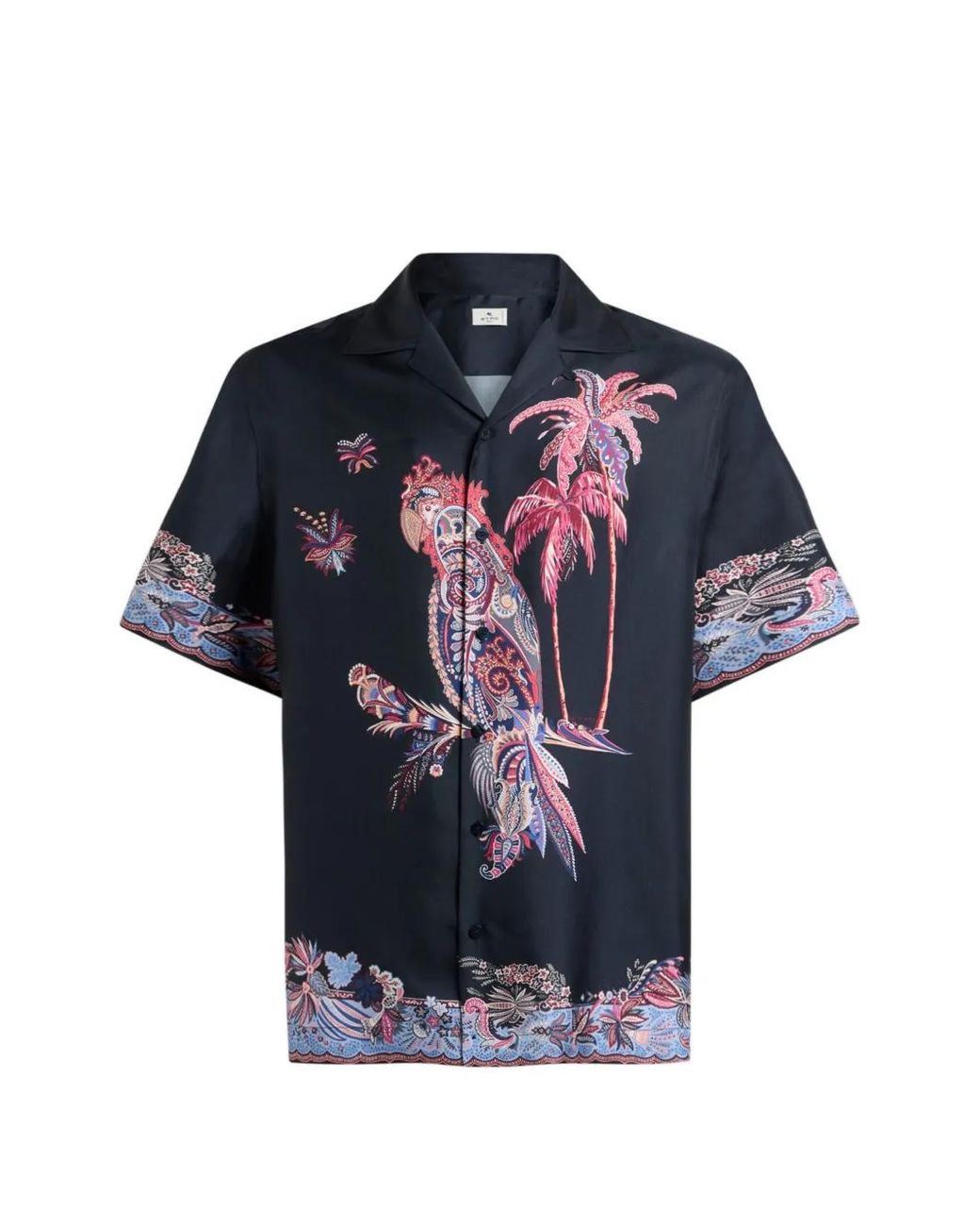 Etro Blue Cotton Bowling Shirt With Placed Parrot Print for men