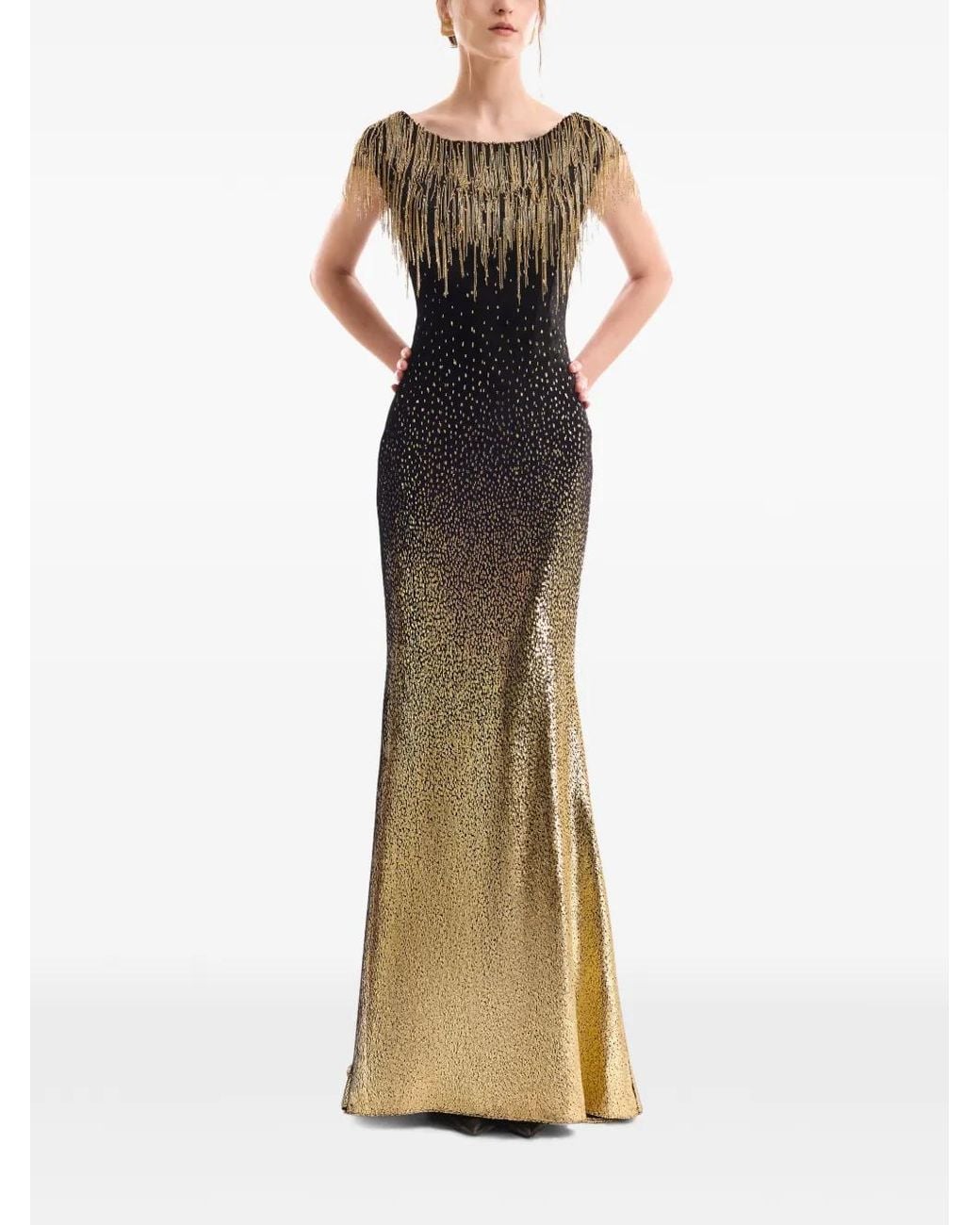 Gemy Maalouf Black Beaded Fringe-Trimmed Dress
