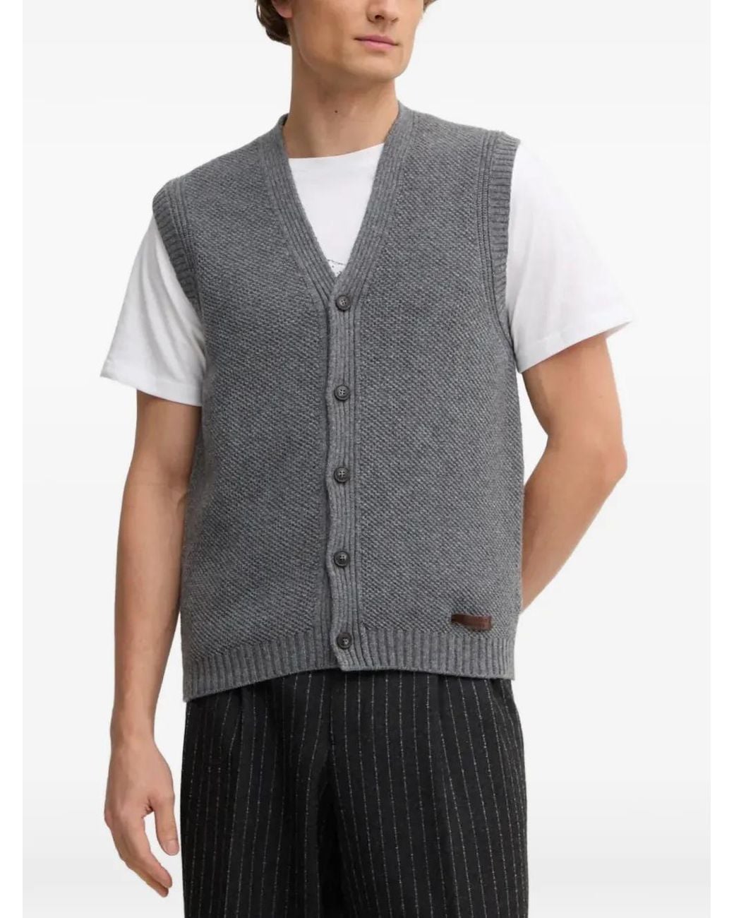 Benetton Gray Buttoned Knitted Vest for men