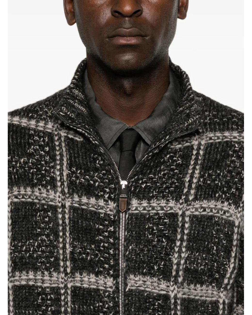 Canali Black Check-Pattern Zip-Up Cardigan for men