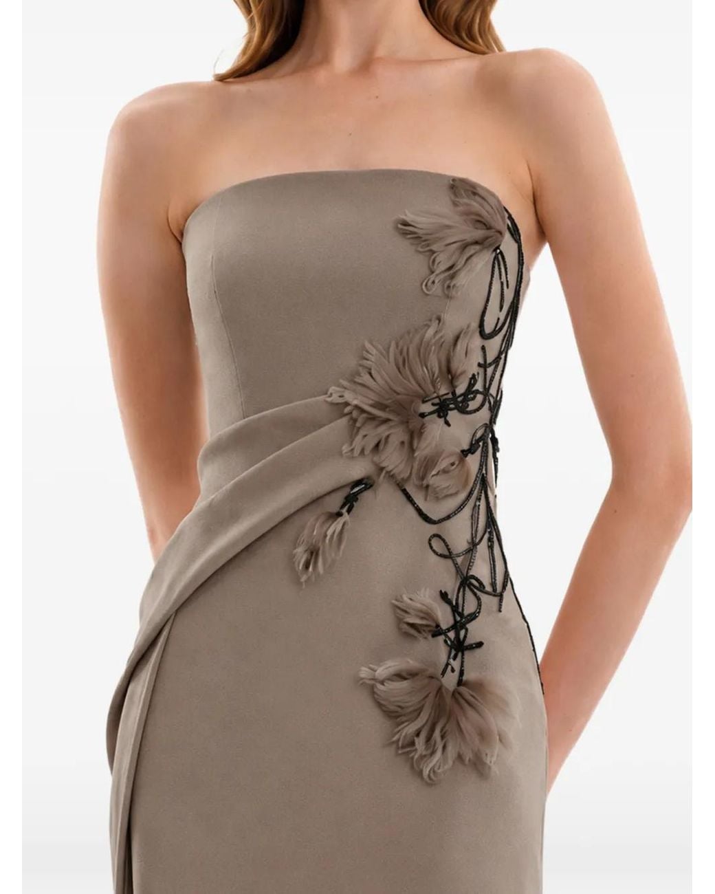 Gemy Maalouf Natural Strapless Beaded-Floral Maxi Dress