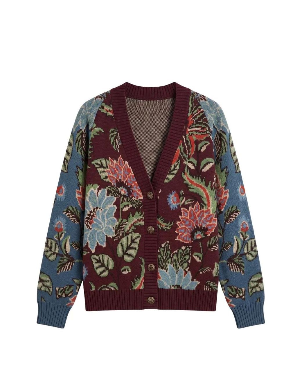 Farm Rio Red Mixed Delhi Floral Buttoned Knit Cardigan